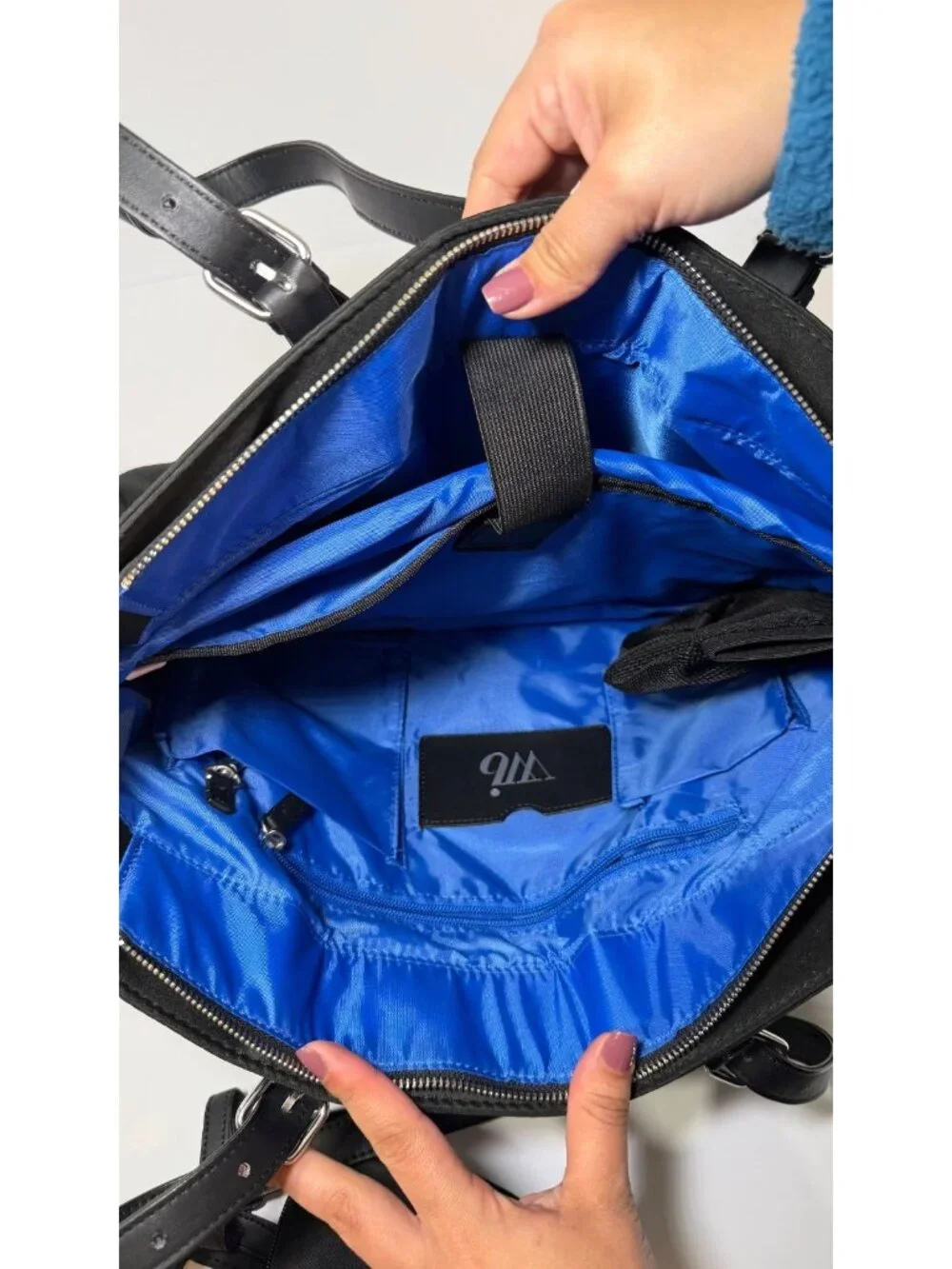 Black Laptop Tote Bag Large Work Shoulder Bag Blue Interior w/Pouch